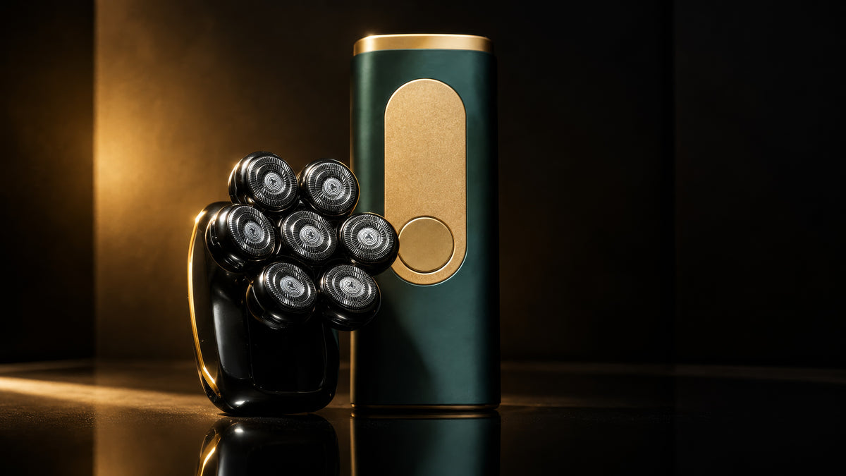 A dark silver and gold electric shaver with six detachable silver and black blades, displayed next to green and gold IPL laser on a reflective black surface.